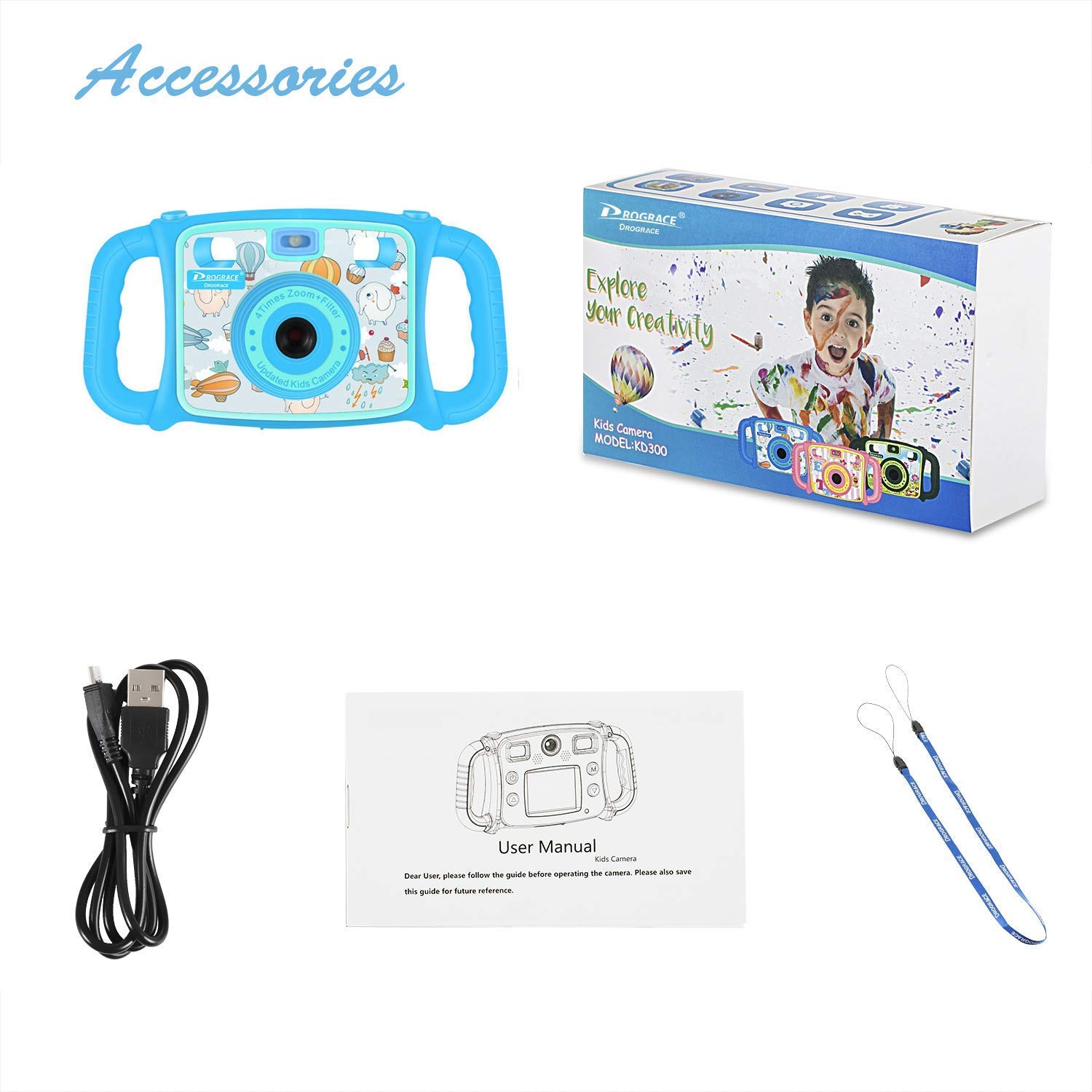 DROGRACE Kids Camera 1080P HD Kids Digital Video Camera Selfie Camera Sports Cam for Boys Birthday Holiday Gift Children Camera with 2 inch LCD Screen – Blue