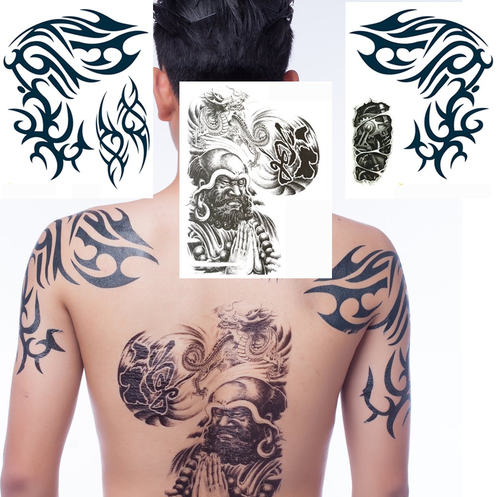 Yeeech Temporary Tattoos Sticker Waterproof Realistic Extra Large Arhat Dragon Tribal Geometric Designs Blue Black (3 Sheets)