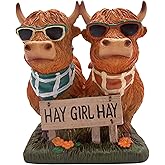 Wowser Sunglass-Wearing Cow Figurine with 'Hay Girl Hay' Sign, Unique 6-Inch Freestanding Farm Decor