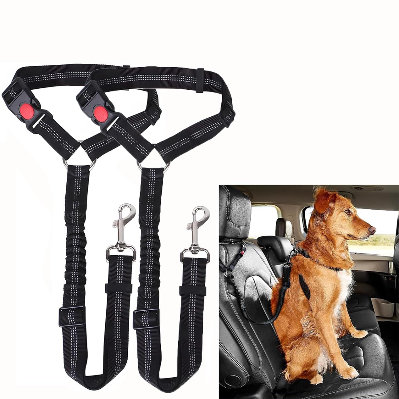 Dog Car Headrest Seat Belt for Pet Dogs Adjustable Safety Harness Travel Accessories, with Heavy Duty Nylon and Anti Shock Elastic Bungee Buffer (Black) - 2Pack