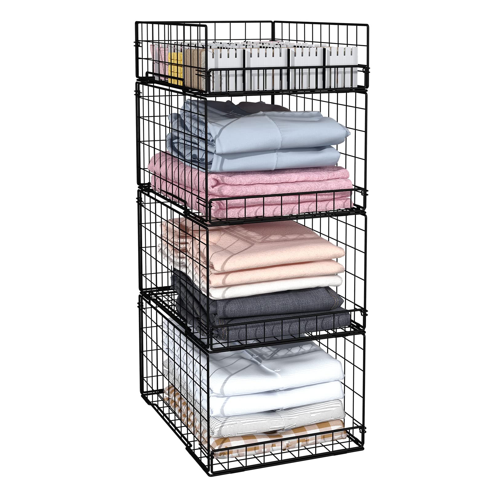 Photo 1 of 4 Pack Closet Organizers and Storage Shelves for Clothes, 4 Tier Stackable Closet Storage Basket Bin Container for Clothing Sweater Jean, Narrow, Foldable, Sturdy Metal System Organizer Shelf