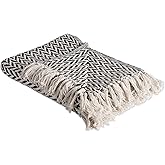 DII Modern Zig Zag Throw Blanket Woven Cotton, Hand-Knotted 2.5" Fringe, 50x60, Black