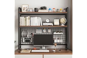 HUATOL Desktop Bookshelf for Computer Desk, 2-Tier Multipurpose Wood Countertop Bookshelf, Multipurpose Freestanding Storage Rack Display Shelf for Office, Home Decor, Kitchen, Brown