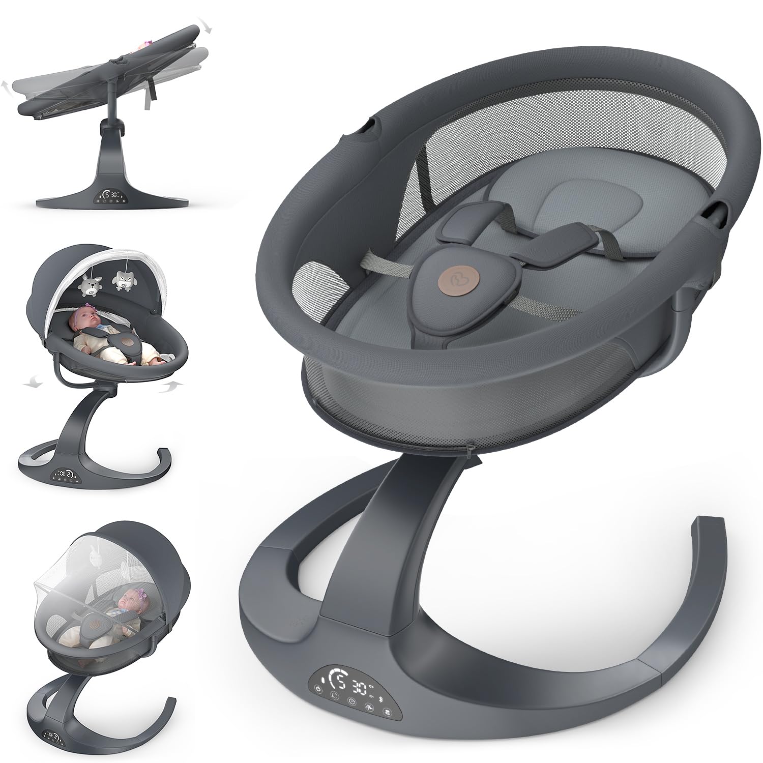 Photo 1 of Baby Swings for Infants, Obee Odee Baby Swing, Infant Swing with 5 Speeds, 12 Lullabies, Portable Baby Swing, 360° Rotating Seat, Adapter & Battery Operated, Indoor & Outdoor Use (Gray, Basket)