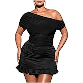 WDIRARA Women's Plus Size Off Shoulder Tee Shirt Ruched Asymmetrical Short Sleeve Tops