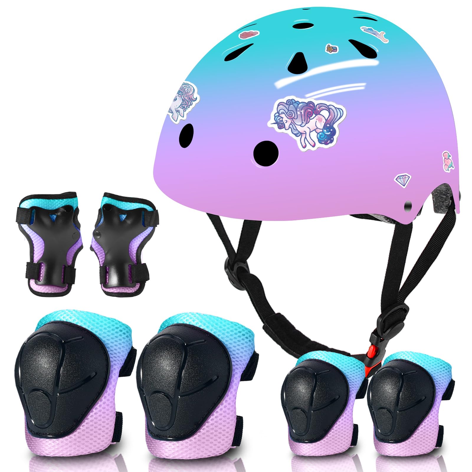 Kids Bike Helmet and Pad Set for Girls Boys Ages 2-3-5-8-14, Adjustable Toddler Youth Helmet with Knee & Elbow Pads for Bicycle, Skating, Scooter - Multiple Bright Color Options Image