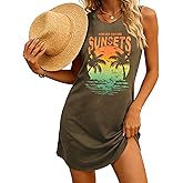 Summer Tank Dress for Women Casual Vacation Sundress Coconut Tree Graphic Beach Cover Up