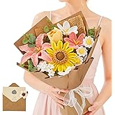 Alecono Crochet Flower Bouquet, Pink Knitted Flowers, Large Handmade Crocheted Flower for Anniversary Party for Her (Include Card)