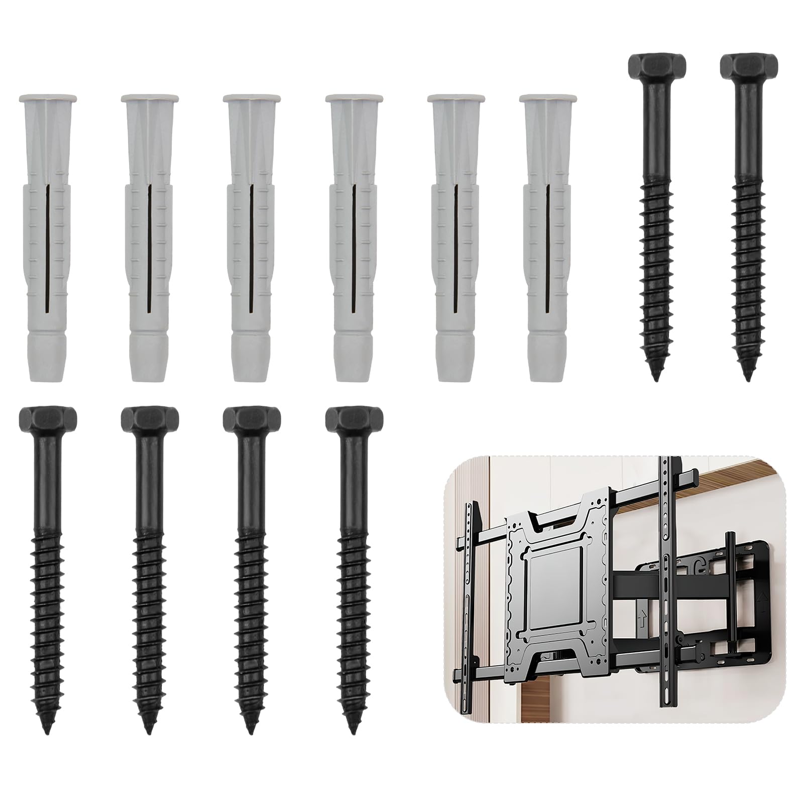 6 Pack M8 Lag Bolt Wall Plug for TV Wall Mounting Bracket Into Wood Concrete Wall Heavy Duty Screws Bolts High Strength Steel Bolt Kit for TV Bracket Aerial Mast Sky Dishes Shelves Mounting, M8*70mm