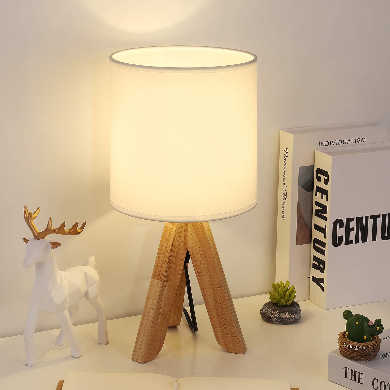 Small Tripod Table Lamp With Fabric Shade – Classic Nightstand Light For Bedroom, Office, Dorm, Kids Room (White, Wooden Base, E26 Socket)