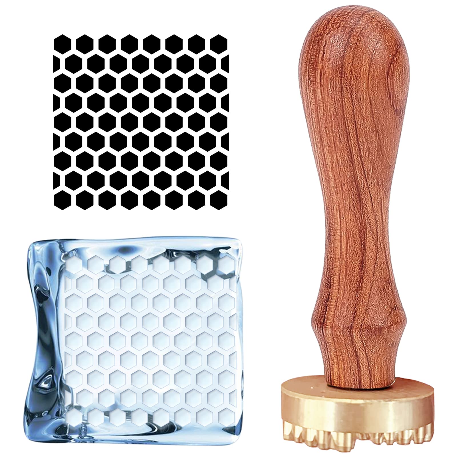 CRASPIRE Honeycomb Ice Stamp Ice Cube Stamp Ice Branding Stamp with Removable Brass Head & Wood Handle Vintage Ice Stamp for DIY Crafting Cocktail Whiskey Mojito Drinks Bar Making