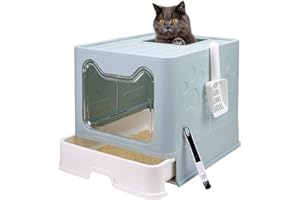 FOPHOP Foldable Cat Litter Box with Lid, Enclosed Cat Potty, Top Entry Anti-Splashing Cat Toilet, Easy to Clean Including Cat Litter Scoop and 2-1 Cleaning Brush (Blue) Large