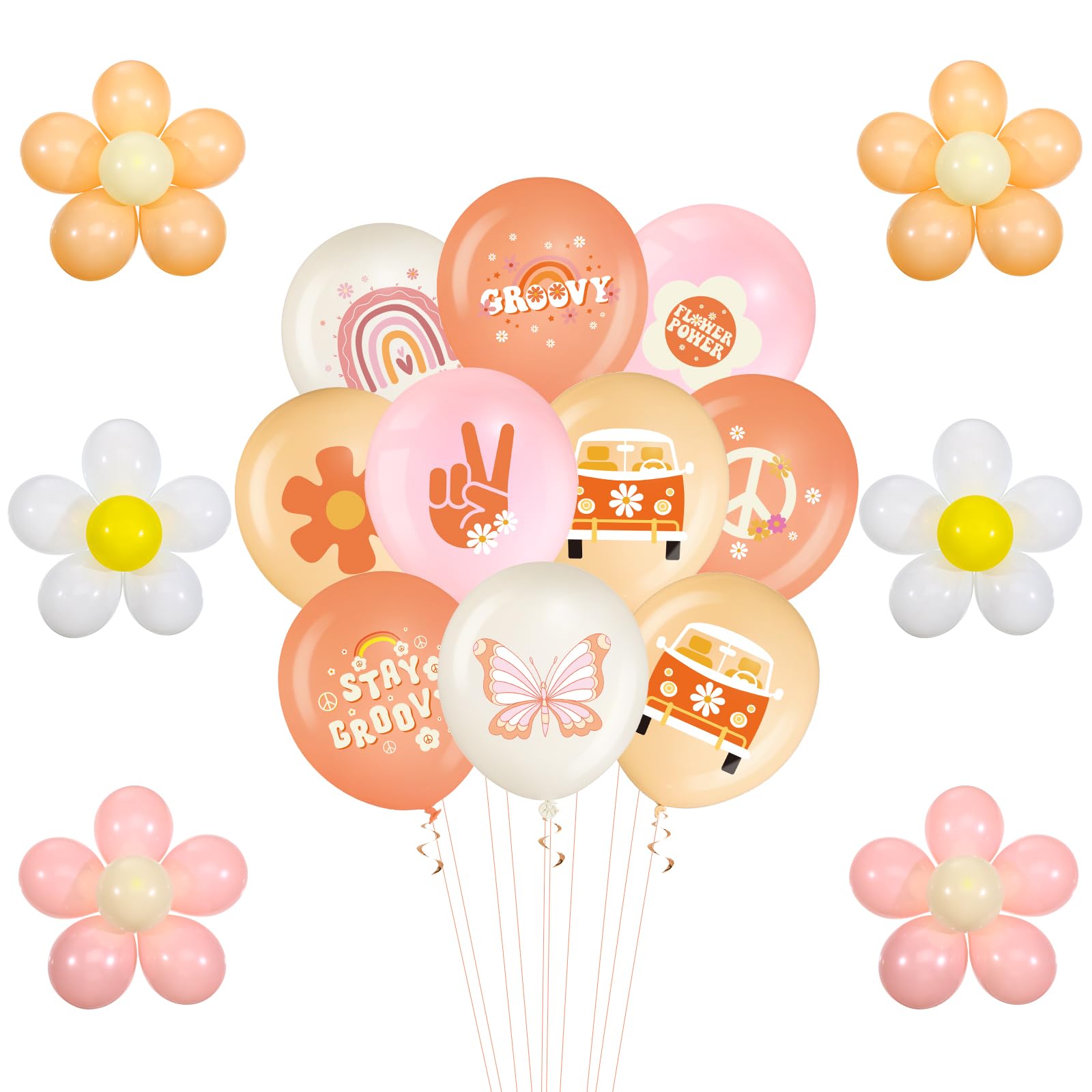 Photo 1 of Hiboom 72 Pcs Groovy Retro Hippie Balloons Boho Daisy Party Decor 12 Inch Rainbow Daisy Flower Butterfly Peace Sign Latex Balloons for Kids Girls Two Groovy Birthday Party Decoration Supply(Boho)