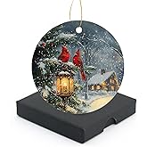 2024 Christmas Ornament Keepsake, Cardinal Birds on Branch Ornaments with Gift Box, Round Ceramic Ornament for Christmas Tree Decoration, Lovely for Family and Friends