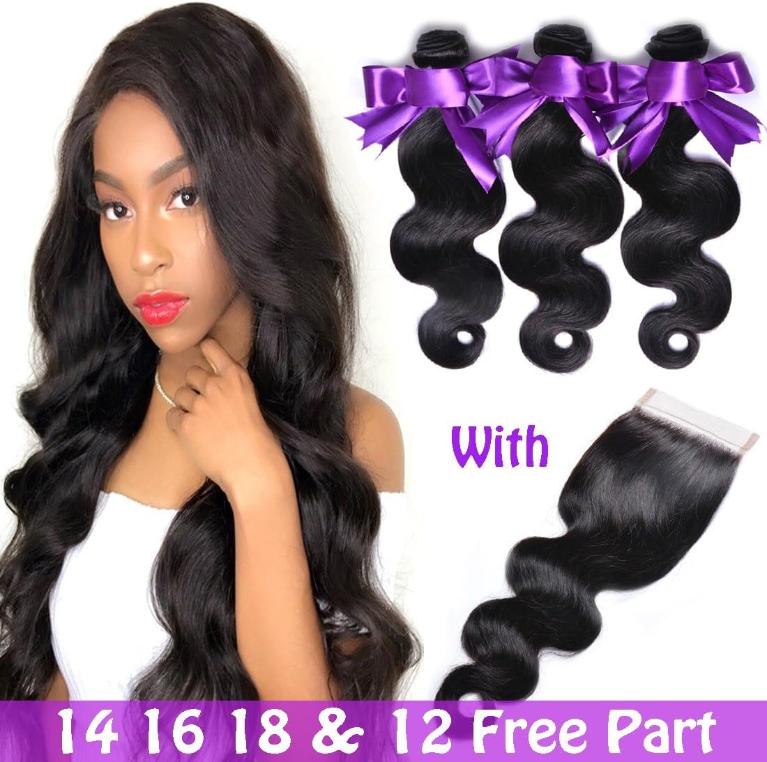 Human Hair Bundles with Closure 14"16"18"+12" Free Part Hair Bundles with 4X4 Lace Closure 100% Unprocessed Human Hair With Closure 8A Hair Bundles with Closure Natural Color…