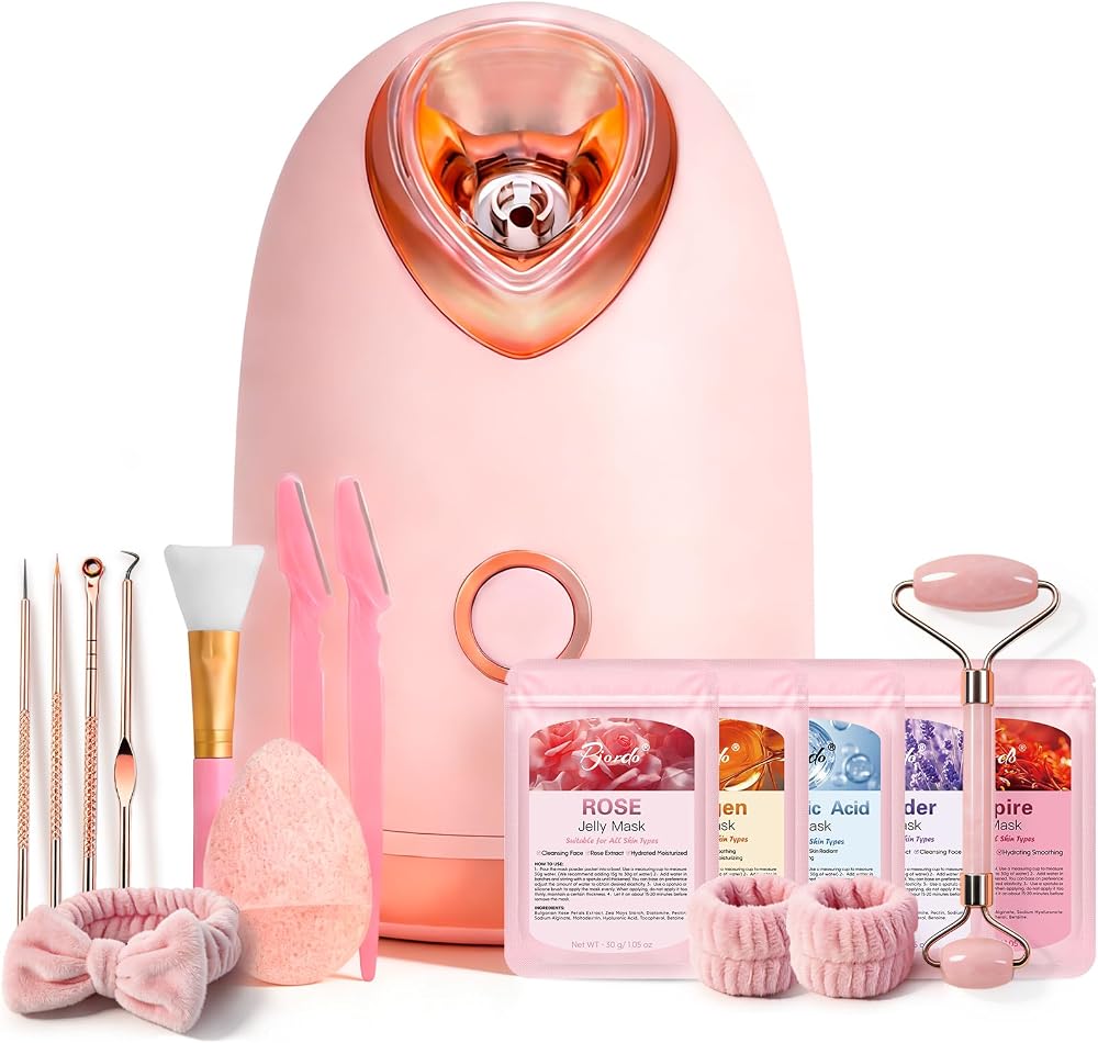 Pjordo Facial Steamer Spa Kit with 17 Skin Care Tools, Nano Ionic Face Steamer for Deep Cleaning Unclogs Pores, Warm Mist Hum