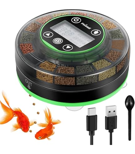 Pawfly Automatic Feeder Dispenser for Aquarium Fish, 110 ml, Automatic Holiday Timer, Adjustable Feeder Dispenser for Powder, Pellets and Granules, Battery Operated (Not Included
