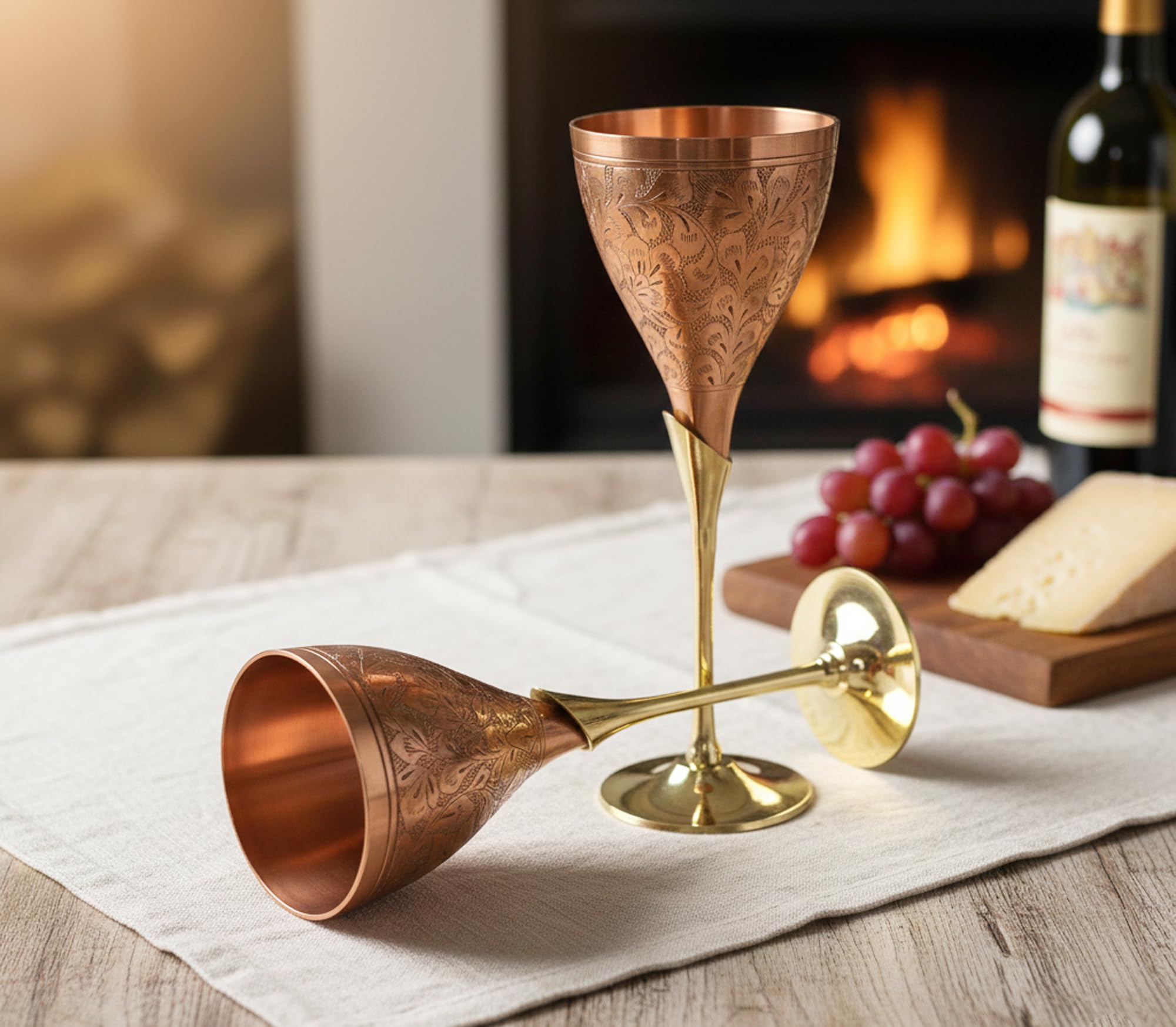 StonKraft Engraved Brass Goblet Champagne Glasses Flutes Coupes Wine Glass Set (Copper Finish)