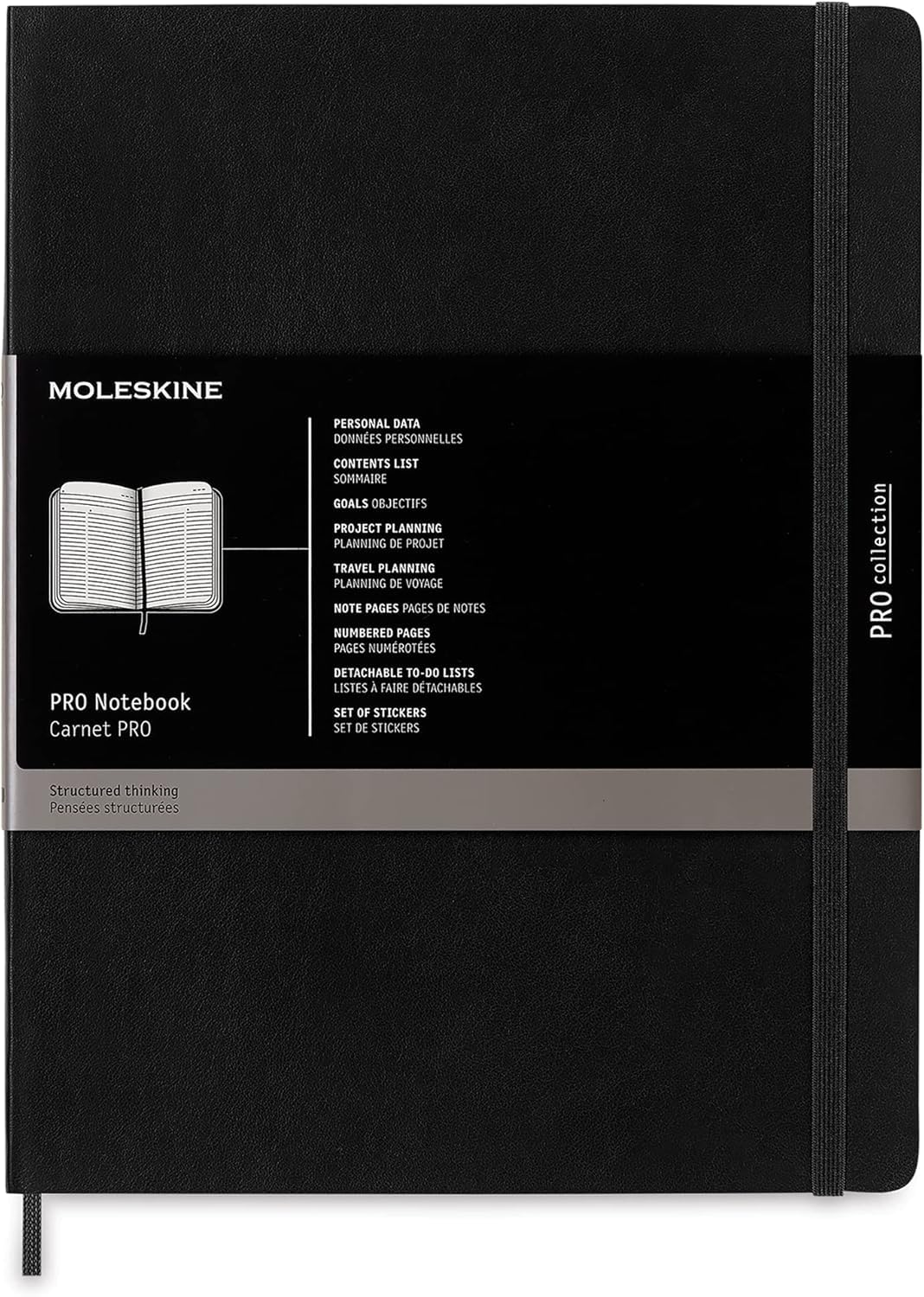 Moleskine Pro Notebook A4, Soft Cover, Personal Data, Content List, Goals, Project Planning, Travel Planning, Notes Pages, Plain Pages, Elastic Closure, Format XL 19x25 cm, Color Black