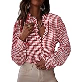 Astylish Womens Plaid Ruffle V Neck Button Down Blouse Casual Long Sleeve Gingham Trendy Tops Work Checkered Shirt