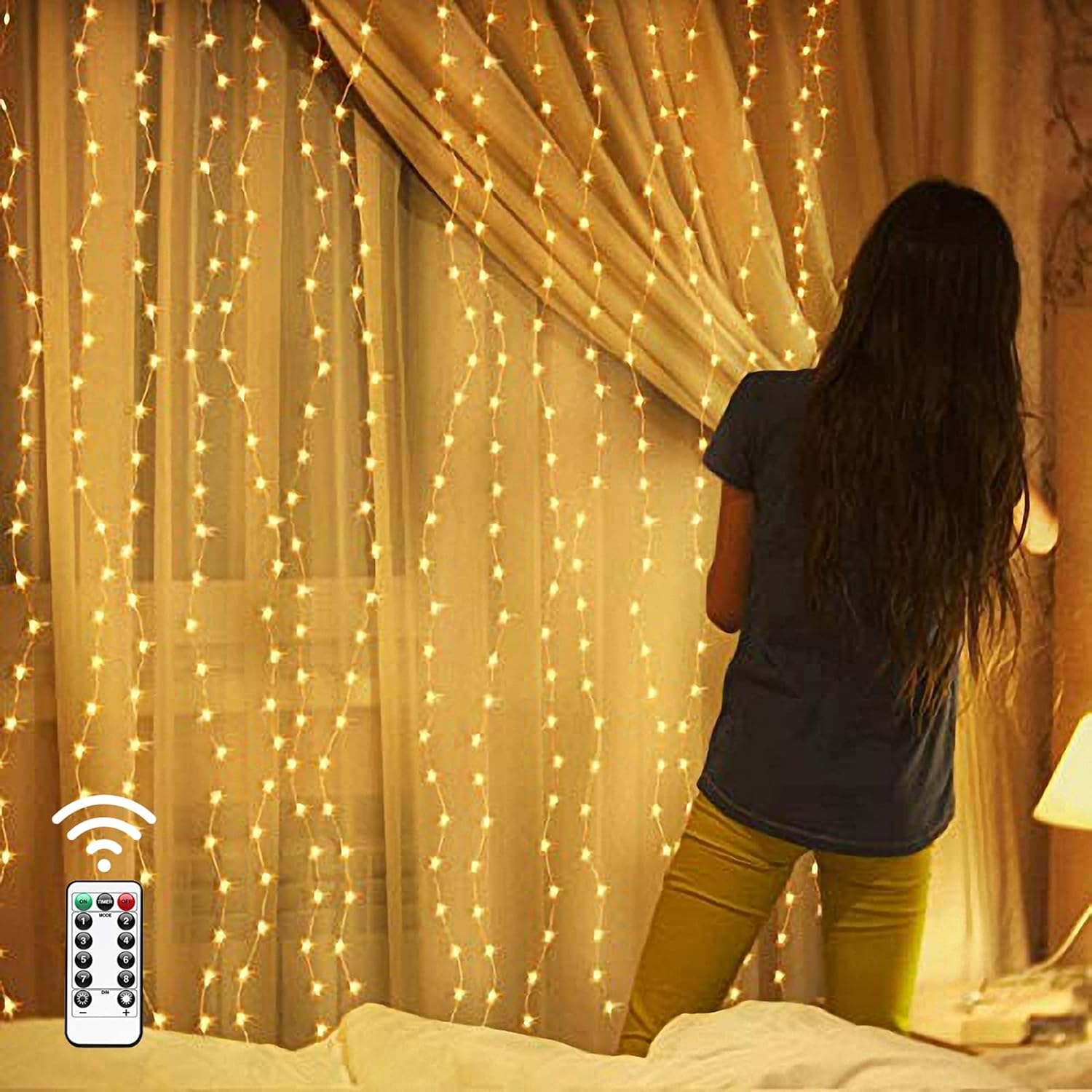 String Lights - MESHA 300LED Curtain Lights for Bedroom, 9.8 X 9.8ft Warm Fairy Lights Indoor, 8 Modes String Lights with Remote, USB Twinkle Lights Outdoor Hanging Lights Indoor for Bedroom,Wedding,Christmas,Party