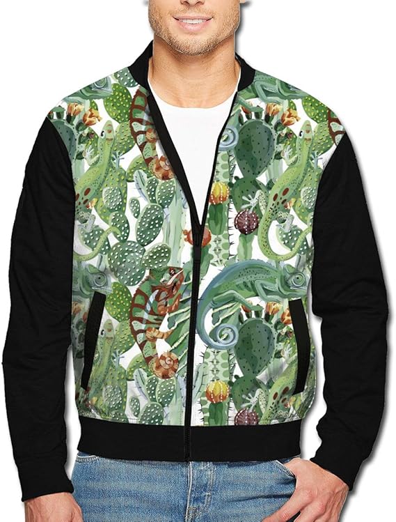 Amazon.com: Men's Bomber Jacket Chameleon and Cactus Fashion Zip Up Aviator Jacket Coat Black 