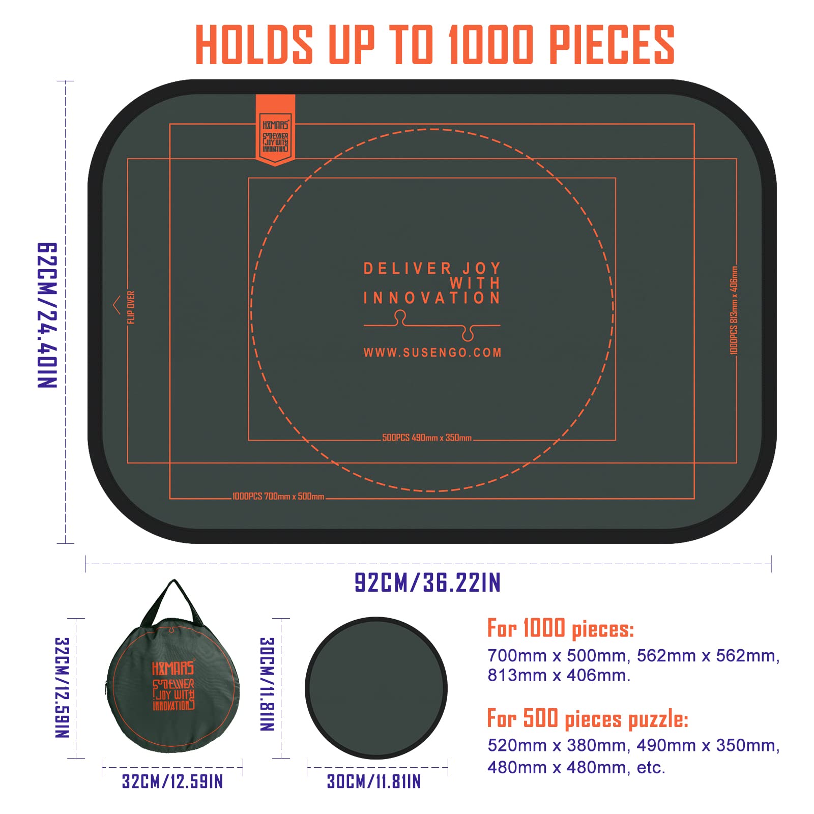 HXMARS Foldable Jigsaw Puzzle Board: Large Portable 1000 Piece Puzzle Mat with Sorter Trays, Storage Saver for 500 & 1000 Pieces, Storage Bag (Grey)