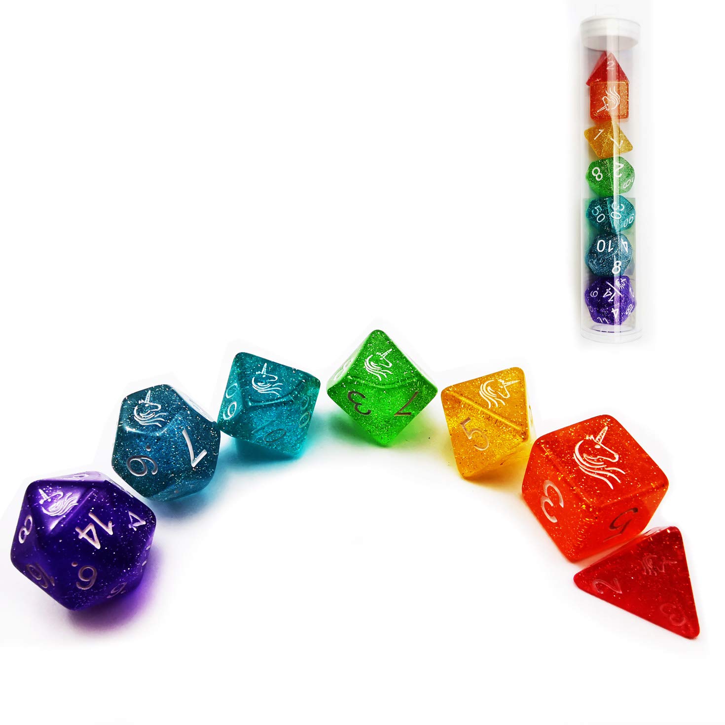 Bescon Unicorns Rainbow Sparkled Polyhedral D&D Dice Set of 7, Colorful RPG Role Playing Game Dice 7pcs