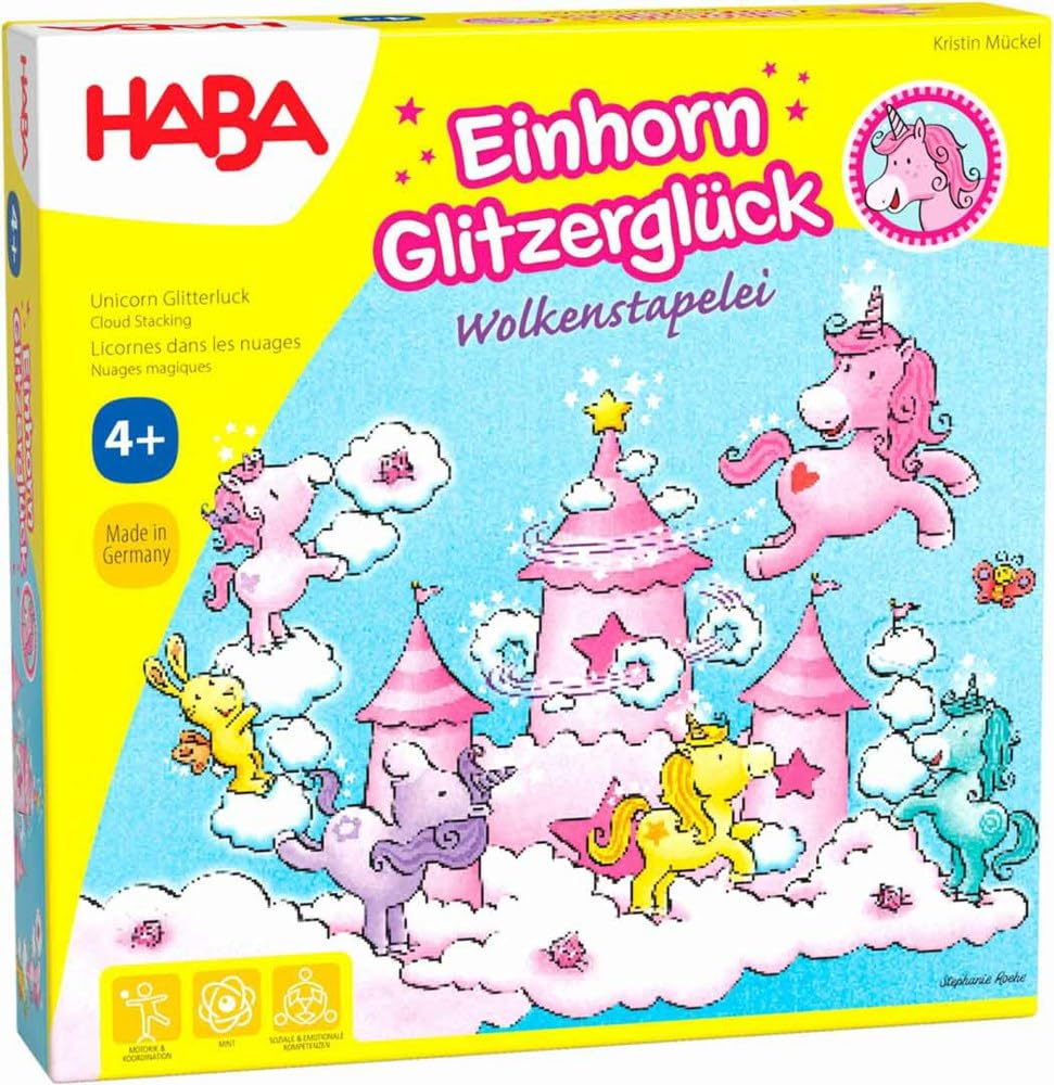 HABA 304539 - Unicorn Glitzerglück, Cloud Stacking, Cooperative Stacking Game with Unicorns and Clouds Made of Wood, Game from 4 Years
