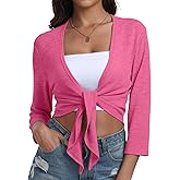 PrinStory Women's Tie Front Shrug 3/4 Sleeve Bolero Cardigan Lightweight Summer Casual Short Shawl Top S-4XL