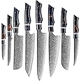 Kitchen Knife Set VG10 Damascus Steel 8 PCS Chef's Knife Sharp Full Tang Slicing and Cutting Knife,Professional Forged Handmade Suitable for Professional Chefs,Culinary Experts and Home Cooks