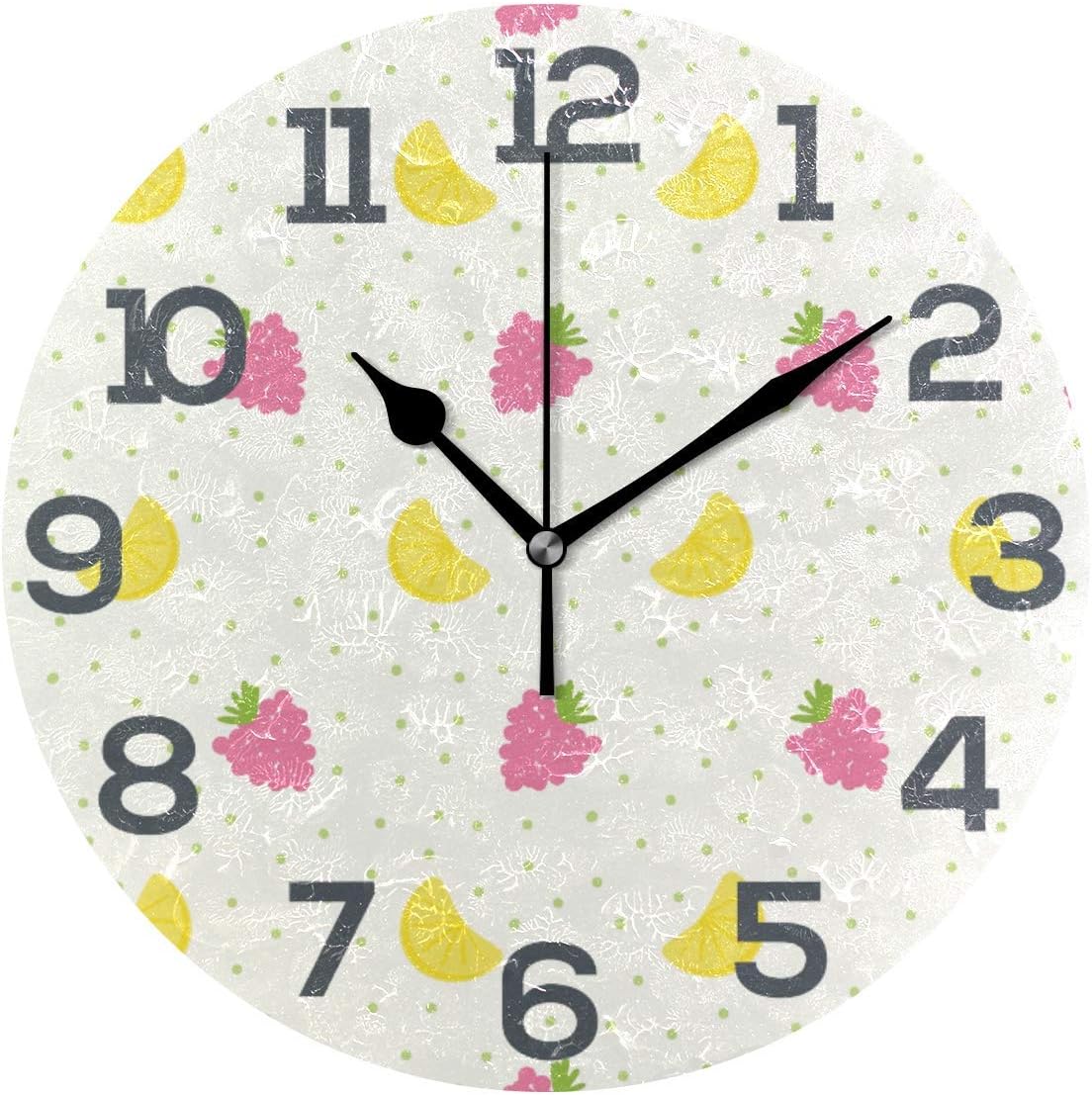 ACOVE Pink Grapes Yellow Lemon Pattern Round PVC Wall Clock 12 inches for Home Decor Living Room Kitchen Bedroom Office School
