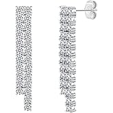 14K White Gold Drop Dangle Earrings, Double Row Linear 3mm Round Cubic Zirconias Tennis Drop Design, 1.7 inch Length