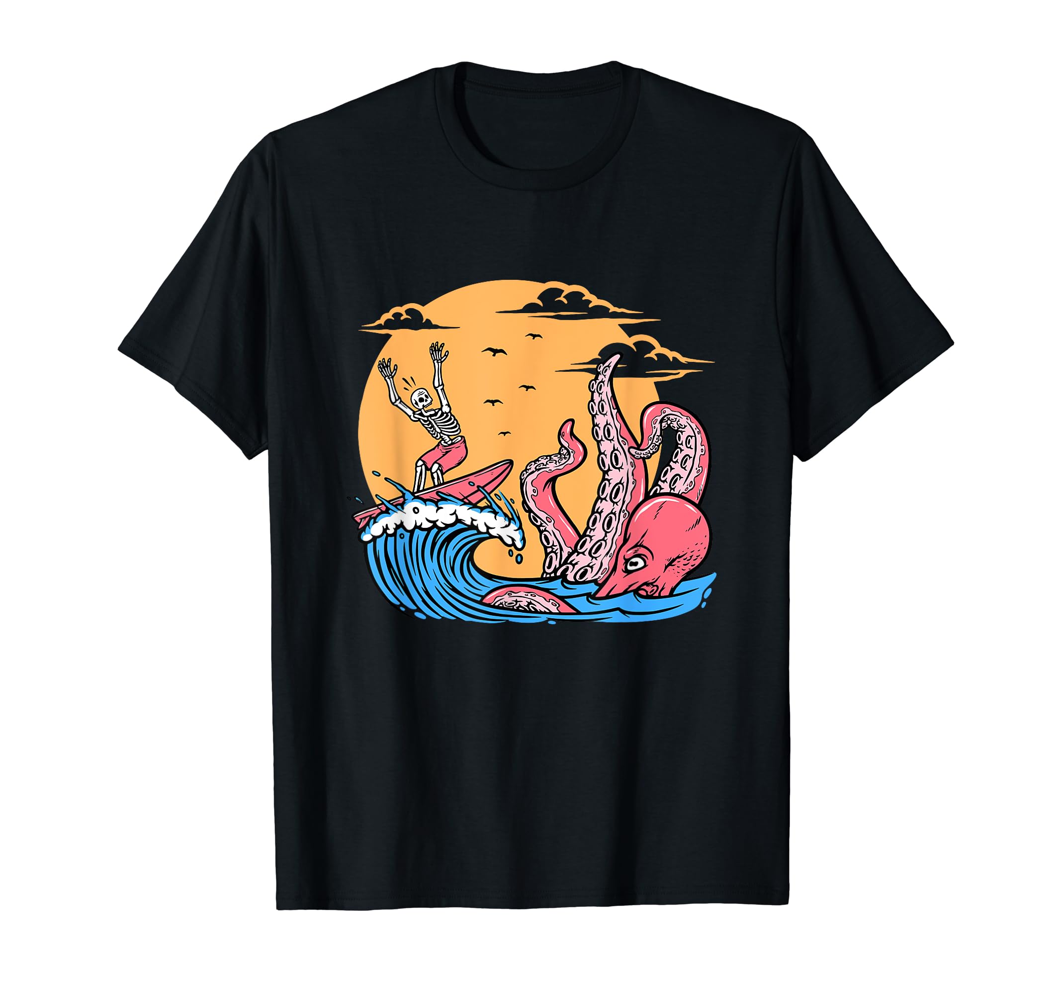 Skeleton Surfer Chased By Octopus T-Shirt