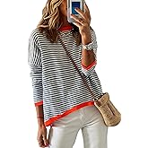 NARURAL Womens Striped Lightweight Cotton Sweaters Long Sleeve Crew Neck Color Block Casual Knitted Pullover Tops