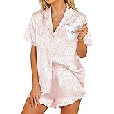 HOTOUCH Womens Satin Pajamas Set Button Down 2 Piece Silk Pjs Shorts Set Ruffle Lingerie Notch Collar Sleepwear