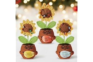 Henoyso 3 Pcs Christmas Positive Teacher Gifts for Women Handmade Crochet 6.5 Inch Sunflower with Cards Light String, Thank You for Helping Me Grow Teacher Appreciation Gift for Xmas Birthday Gift
