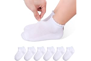 6 Pairs Girls White Ruffle Socks - Cute Frilly Cotton School Uniform Kids Crew Ankle Socks for Girls 1-12 Years