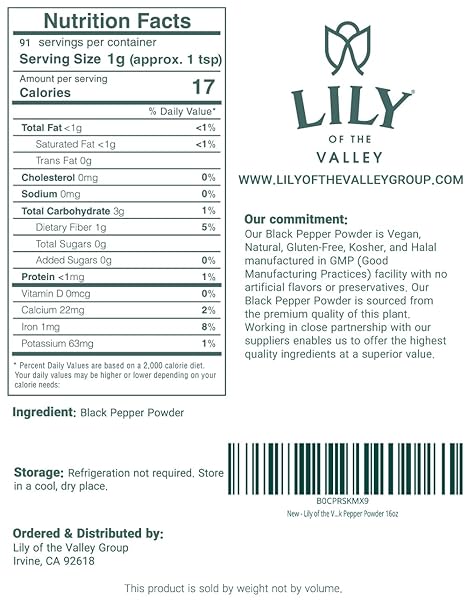LILY OF THE VALLEY BLACK PEPPER POWDER – 100% RAW SOURCED FROM INDIA – RICH IN FLAVOR & TASTE, IDEAL FOR COOKING, SMOOTHIES, LATTES & TEA – VEGAN & GLUTEN-FREE – PACKED IN RESEALABLE POUCH(16OZ, 453G)
