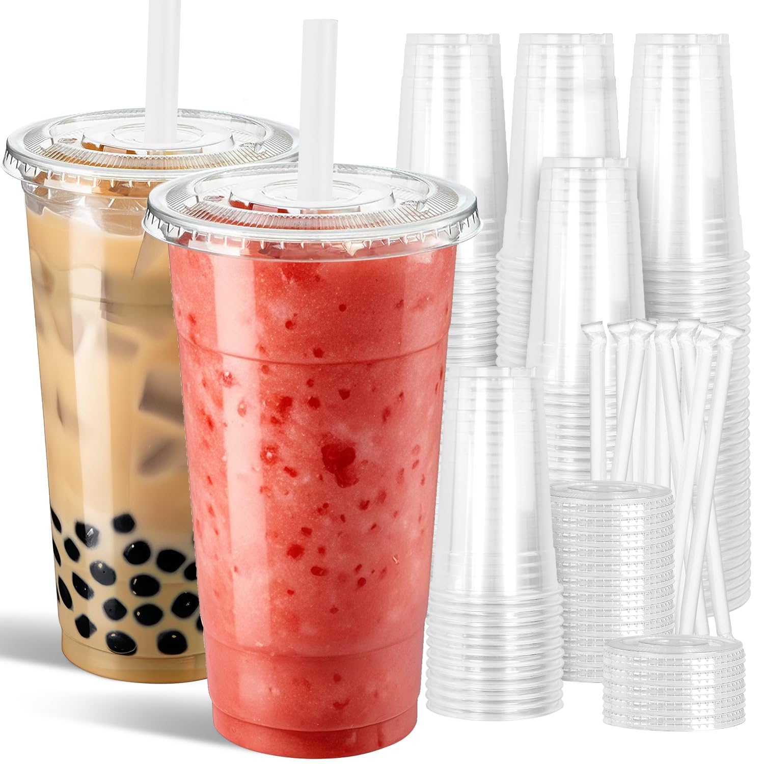 Photo 1 of Ginkgo 32 oz Clear Plastic Cups with Lids and Jumbo Straws, Disposable To Go Iced Coffee Cups for Smoothie, Boba Milk Tea - 50 Pack