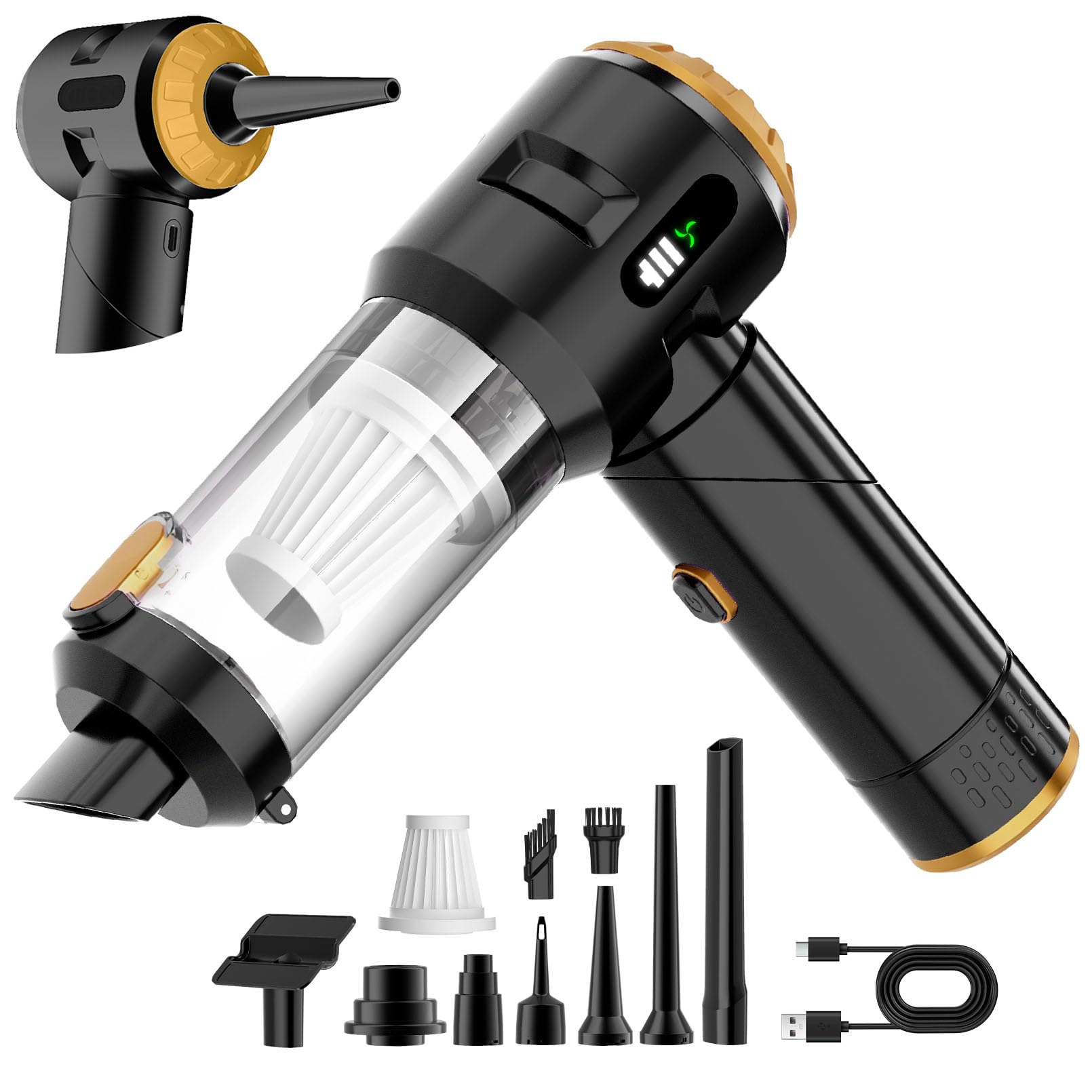 Wansimoo Handheld Car Vacuum Cleaner,25000PA Strong Cyclonic Suction Foldable Mini Vacuum Portable Cordless with Digital Display and One Touch Dust Removal for Car, Home, Office, Kitchen (Gold) Image