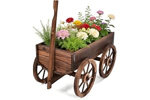 COSTWAY Wood Wagon Flower Planter Pot Stand with Wheels for Home, Garden, Indoor, Outdoor, Decor