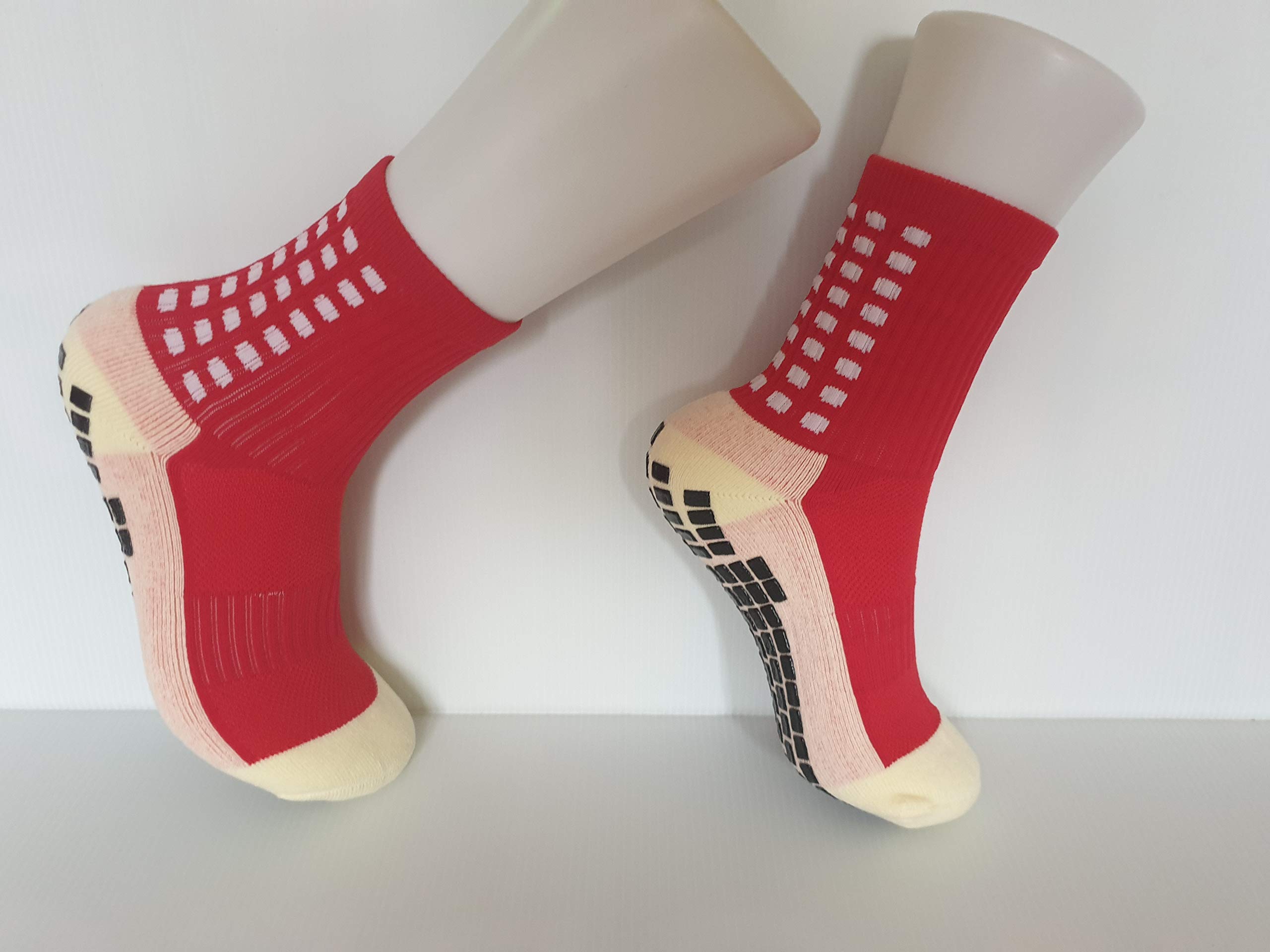 Anti-slip sports socks pair half calf high with thicker cushion & rubber grip dots, for football/athletics/running/hiking/yoga/cycling suitable for men & womanRed