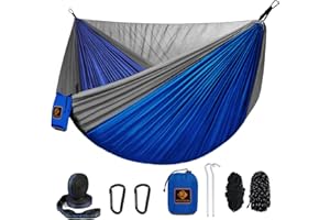 QEVOOON Camping Hammock, Portable Hammocks with Mosquito Net,Lightweight Nylon Parachute Hammock with 10ft Tree Straps,Camping Gear Must Haves for Travel Hiking Backpacking Beach Patio-Blue&Grey