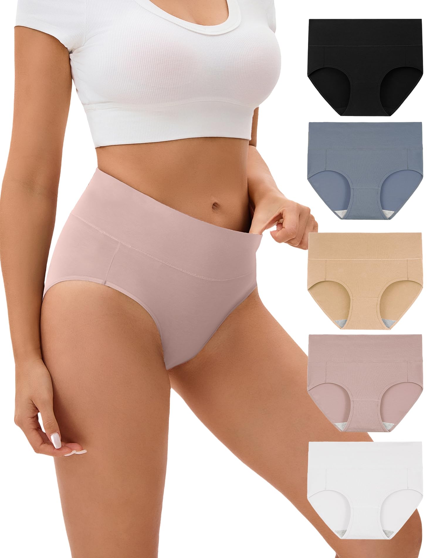 Photo 1 of INNERSY Women's Underwear Cotton Soft Underwear High Waisted Breathable Briefs 5 Pack(Large, Mist Sand)