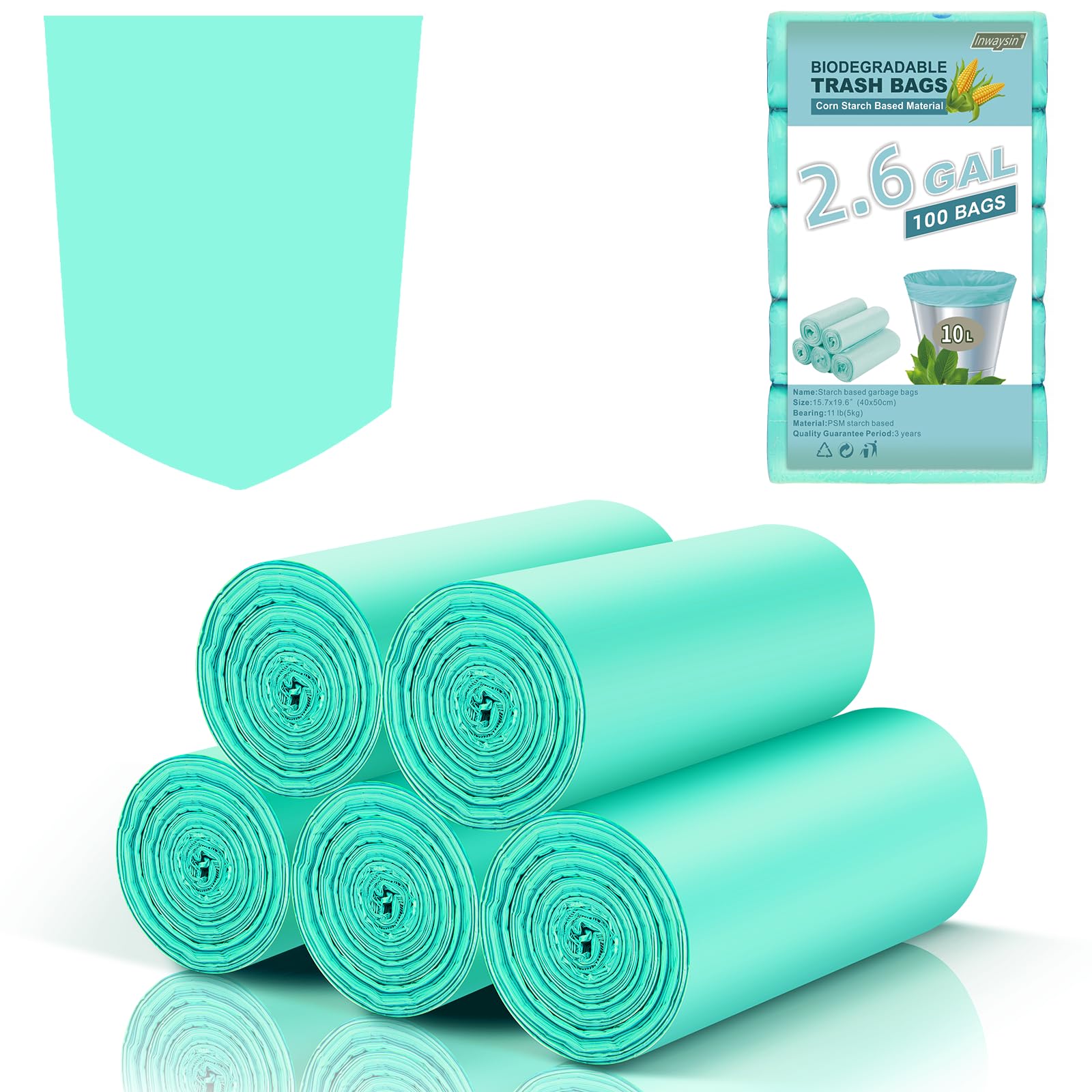 Photo 1 of 2.6 Gallon Mini Compostable Trash Bag - Small Garbage Bags For Bathroom Can Blue 100 Count 10 Liter Biodegradable Unscented Waste Basket Liners Bathroom Kitchen Office Strong Thick Inwaysin