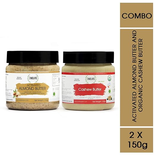 ONELIFE Organic Activated Almond and Organic Cashew Butter Combo Pack-150 GMS Each-All Natural, Healthy Bread Spread- Vegan, Gluten Free, No Added Salt or Sugar, Keto Friendly Snacks