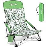 VILLEY Low Beach Chair, High Back Folding Beach Chair for Adults, Lightweight and Portable for Outdoor, Beach, Camping, Lawn, Music Festival, with Cup Holder and Carry Bag-Green Tropical Leaves
