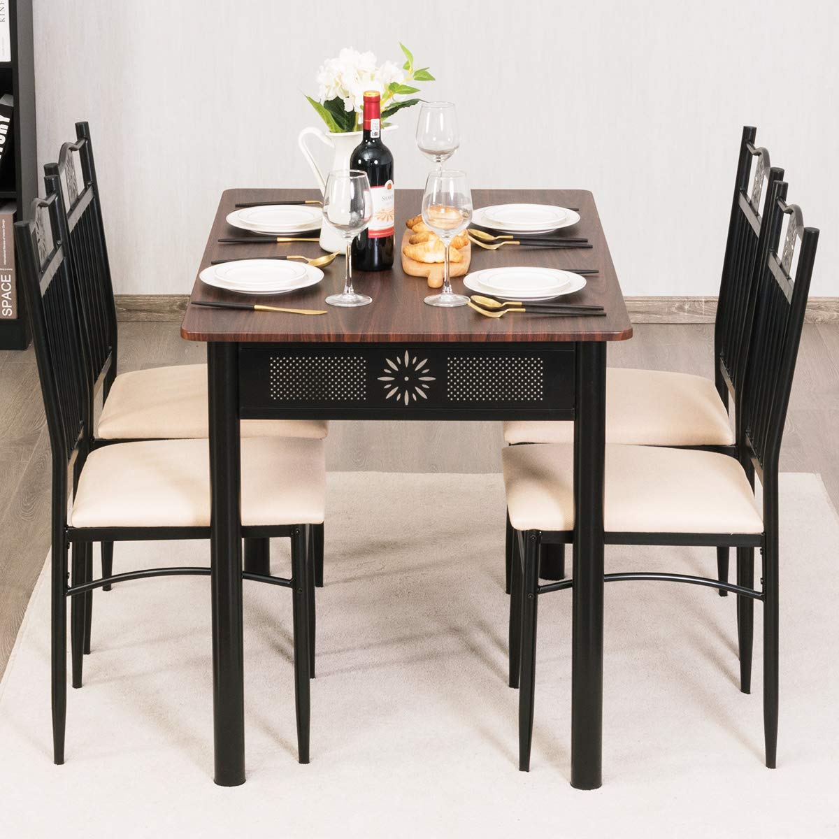 Tangkula 5 Piece Dining Table And Chairs Set Vintage Retro Wood Top Metal Frame Padded Seat Dining Table Set Home Kitchen Dining Room Furniture Table Chair Sets Kitchen Dining Room