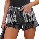 LifeShe Women Denim Short Mid Waist Frayed Raw Hem Rippped Rhinestone Tassel Jean Short